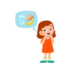 happy cute kid boy and girl feels hungry want to eat and thinks about food