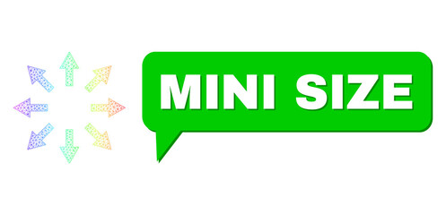 Mini Size and radial arrows vector. Spectrum colored network radial arrows, and conversation Mini Size bubble frame. Conversation colored Mini Size bubble has shadow.