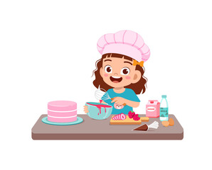 happy cute little kid boy and girl wear chef uniform and cooking a birthday cake