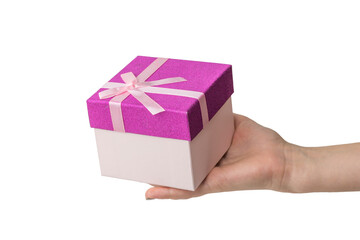 Hand with gift box isolated on white background.