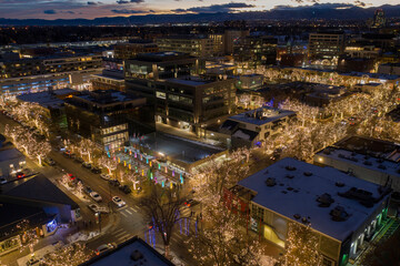 Fototapeta na wymiar Aerial View of Cherry Creek Shopping and Dining District in the Denver Metro with Christmas Lights during the Holidays