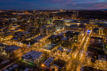Aerial View of Cherry Creek Shopping and Dining District in the Denver Metro with Christmas Lights...