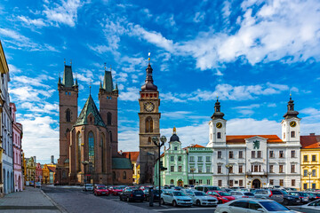 View of historic center of Hradec Kralove - main Great Square with Gothic Cathedral of Holy Spirit, White Renaissance tower and old baroque Town Hall, Czech Republic