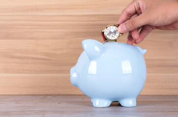 Put the watch into the piggy bank
