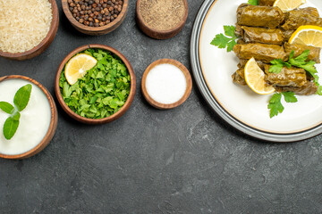 top close view bowls with rice natural yogurt parsley pepper black pepper salt dolma on white plate on dark background with copy space