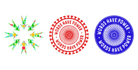 Pressure arrows mosaic of New Year symbols, such as stars, fir trees, colored balls, and WORDS HAVE POWER dirty stamp seals. Vector WORDS HAVE POWER stamp seals uses guilloche ornament,