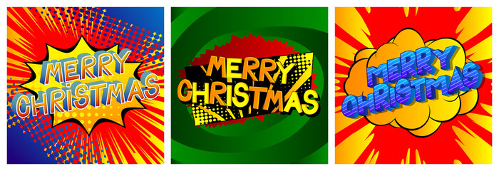 Comic book Christmas card template. Vector graphic for holiday slide, banners and web design with cartoon elements.