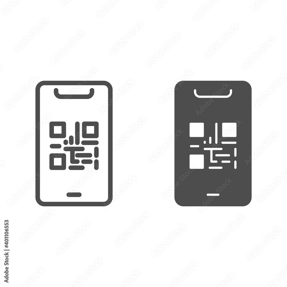 Poster qr code on mobile phone line and solid icon, technologies concept, qr code payment sign on white bac