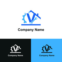 Initial letter V with gear, wrench and home icon for Home renovation, construction, repair and maintenance logo design concept vector