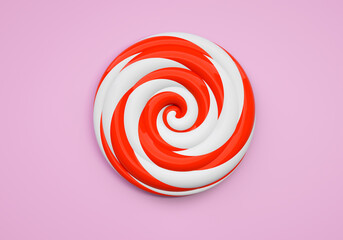 Red and white lollipop close-up on a pink background. 3D rendering and 3D illustration.