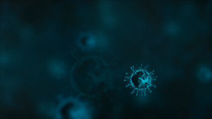 Coronavirus infection on a blurred blue background. The COVID-19 virus. 3D rendering and 3D illustration.