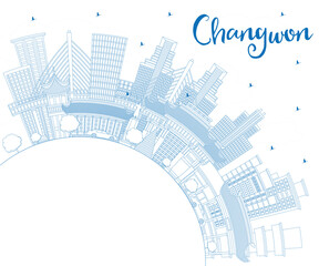 Outline Changwon South Korea City Skyline with Blue Buildings and Copy Space.
