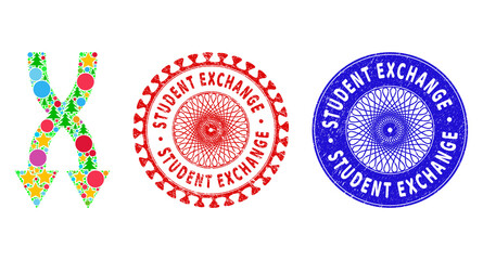 Shuffle arrows down collage of Christmas symbols, such as stars, fir trees, bright round items, and STUDENT EXCHANGE rough stamp seals. Vector STUDENT EXCHANGE stamp seals uses guilloche ornament,
