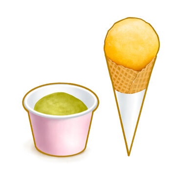 The digital painting of delicious green tea ice cream scoop in paper cup and mango ice cream wafer cone, frozen dessert food isometric icon raster illustration on white background.