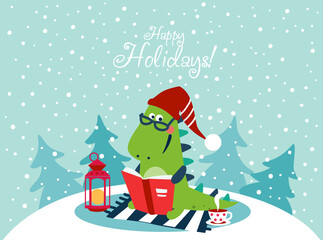 Cute winter holiday illustration with funny tyrannosaur. Christmas and Happy Holidays vector card. Cute dinosaur reads a book