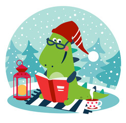 Cute winter holiday illustration with funny tyrannosaur. Christmas and Happy Holidays vector card. Cute dinosaur reads a book