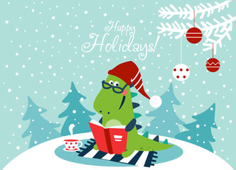 Cute winter holiday illustration with funny tyrannosaur. Christmas and Happy Holidays vector card. Cute dinosaur reads a book