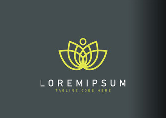 Lotus line logo design. Vector illustration of a lotus along with fit people icon design. Modern logo design with line art style.