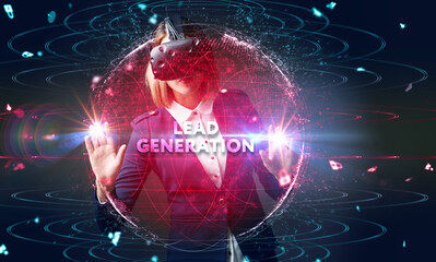 Obraz premium Business, technology, internet and networking concept. Young entrepreneur showing keyword: Lead generation