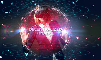 DeFi -Decentralized Finance on dark blue abstract polygonal background. Concept of blockchain, decentralized financial system