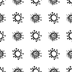 Seamless pattern of coronavirus microbes. Coronavirus 2019-nCoV. Doodle simple line elements from a medical concept. Editable vector stroke microbe. Virus, bacteria. Hand drawn illustration.