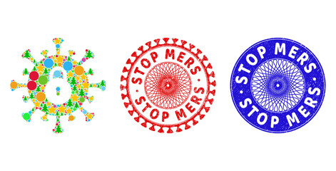 Outbreak lockdown composition of New Year symbols, such as stars, fir trees, multicolored round items, and STOP MERS textured stamp prints. Vector STOP MERS imprints uses guilloche pattern,