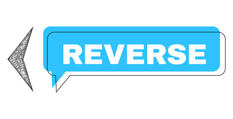 Chat Reverse blue bubble frame and network arrowhead left. Frame and colored area are shifted for Reverse label, which is located inside blue colored banner. Vector quote caption inside chat frame.