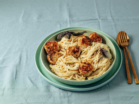 Zucchini Parmesan Meatballs with Pasta Carbonara