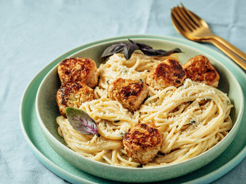 Zucchini Parmesan Meatballs with Pasta Carbonara