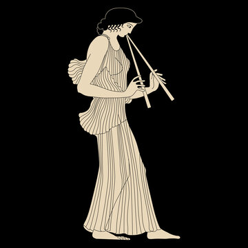Ancient Greek girl playing the flute. Vase painting style. Monochrome silhouette.