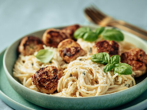 Zucchini Parmesan Meatballs with Pasta Carbonara