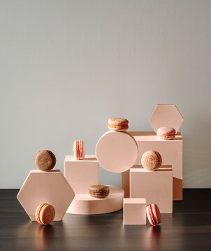 Modern still life with macarons. Copy space