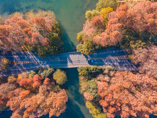 Aerial view of the bridge on the West Lake in Hangzhou, China, autumn time.