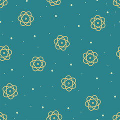 Seamless pattern on physics topic. Hand drawn atom in doodle style. Vector illustration for prints and designs. Vector illustration in doodle style