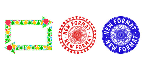 Exchange arrows composition of New Year symbols, such as stars, fir-trees, bright spheres, and NEW FORMAT scratched stamp seals. Vector NEW FORMAT seals uses guilloche pattern,