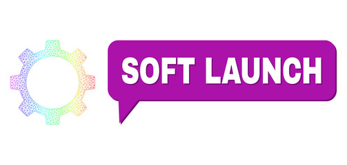 Soft Launch and gear wheel vector. Spectral colorful mesh gear wheel, and conversation Soft Launch cloud message. Conversation colored Soft Launch cloud has shadow.