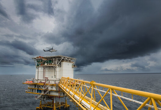 helicopter landing at offshore platform during bad weather or typhoon season