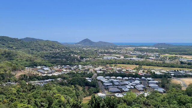 View From Skyrail Rainforest Cableway Overlooking Queensland Landscape. Follow Shot