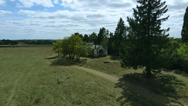 4k Aerial closing in an old abandoned church in the country side in Alvito, Portugal.