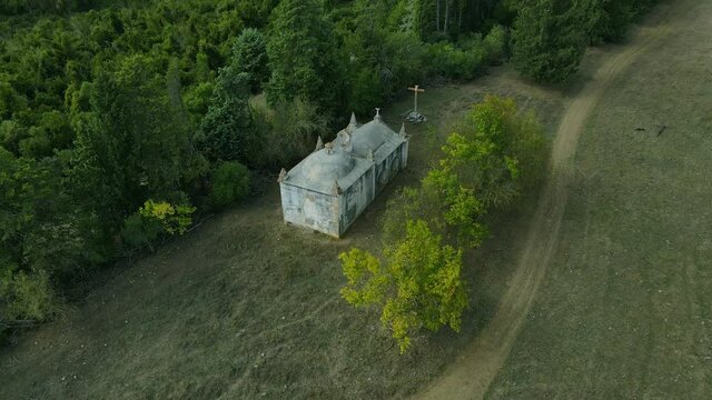 4k Aerial of an old abandoned church in the country side in Alvito, Portugal.