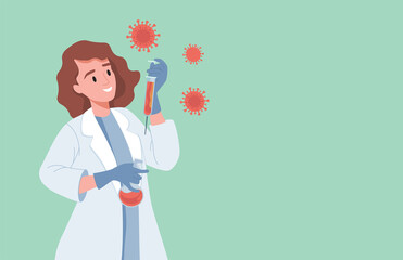 Happy smiling woman in lab coat holding syringe with the vaccine against Coronavirus Covid-19 vector flat illustration. Medicine vaccine against dangerous illness, global pandemic. Woman scientist.