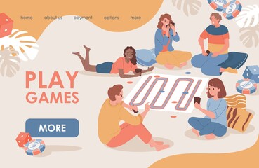 Play games vector flat landing page template. Happy friends, men and women spending time together, playing board games with desktop field, coins, cards and dices. Table games web page template.