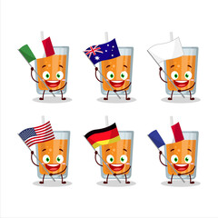 Orange juice cartoon character bring the flags of various countries