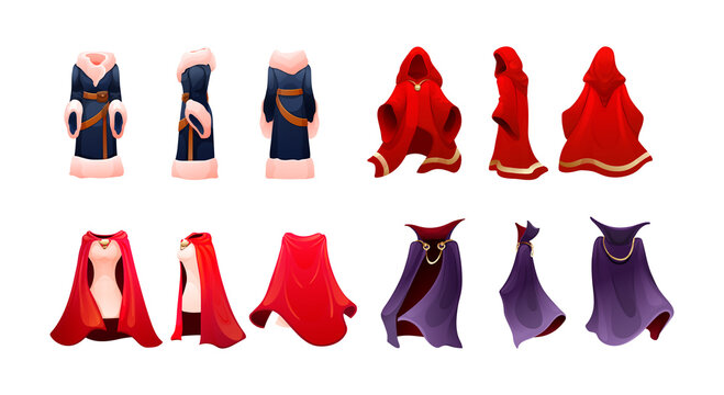 Realistic magic red cape of cloak costume, Dracula vampire carnival costume, women superhero, military leader, princely commander. Carnival medieval king cloak. Clothing front back behind view