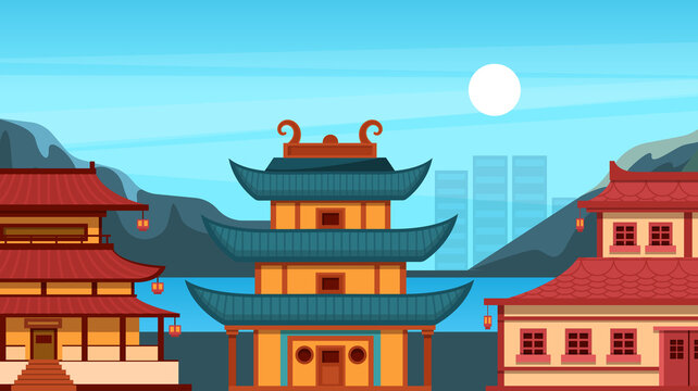 Traditional chinese, asian street with chinese buildings, pagoda, temple, house. China town city landmarks landscape, Japan building architecture. Happy Chinese New Year greeting card