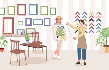 Women choosing frame for abstract painting drawn on canvas in art store vector flat illustration. Picture frame shop interior design with domestic plants in pots, table, chairs and frames.