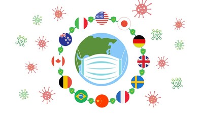 Earth wearing mask with various international country protection virus background 