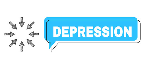 Chat Depression blue bubble frame and wire frame compact arrows. Frame and colored area are misplaced to Depression text, which is located inside blue colored bubble.
