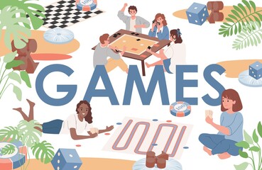 Games vector flat banner template with text space. Happy smiling people in comfort clothes playing board games. Indoor entertainment, group of people, men and women spending time to each other.