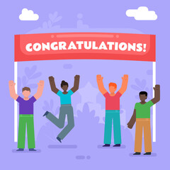 Win, victory celebration, congratulations. Group of people cheering. Modern vector illustration